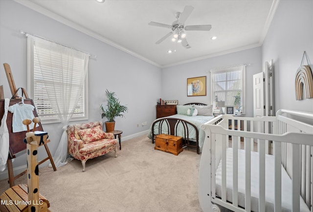 25 Savannah Cir, Brandon, MS 39047 - carpeted bedroom featuring crown molding, recessed lighting, baseboards, and a ceiling fan