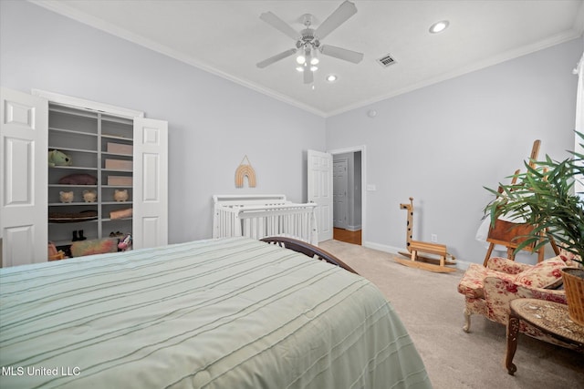 25 Savannah Cir, Brandon, MS 39047 - carpeted bedroom with baseboards, crown molding, recessed lighting, and ceiling fan