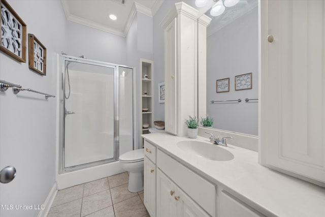 25 Savannah Cir, Brandon, MS 39047 - full bathroom with crown molding, a shower stall, toilet, vanity, and tile patterned flooring