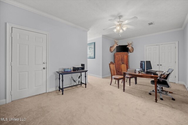 25 Savannah Cir, Brandon, MS 39047 - carpeted home office featuring a ceiling fan, ornamental molding, and baseboards
