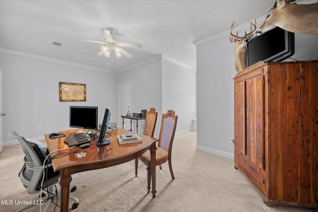 25 Savannah Cir, Brandon, MS 39047 - office area featuring light colored carpet, ceiling fan, baseboards, and crown molding
