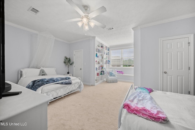 25 Savannah Cir, Brandon, MS 39047 - bedroom featuring crown molding, carpet floors, a textured ceiling, ceiling fan, and baseboards