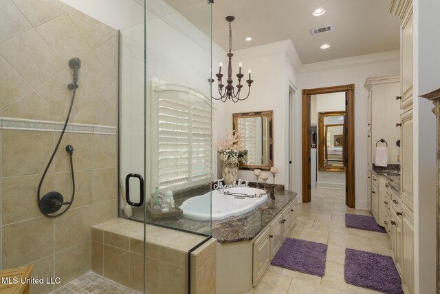 bathroom with vanity, visible vents, ornamental molding, a bath, and a stall shower