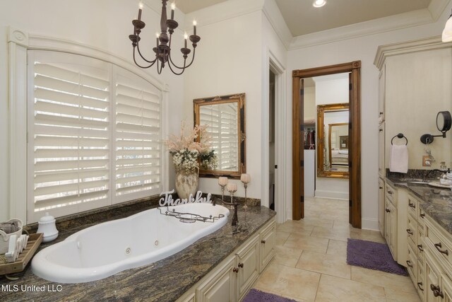 full bathroom featuring tile patterned floors, crown molding, vanity, and an inviting chandelier