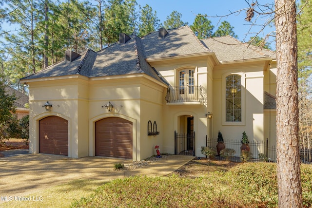 mediterranean / spanish house with a garage, a balcony, a chimney, and stucco siding