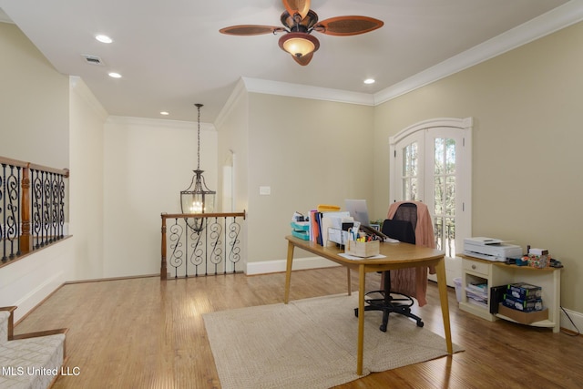 home office featuring visible vents, baseboards, ornamental molding, wood finished floors, and recessed lighting