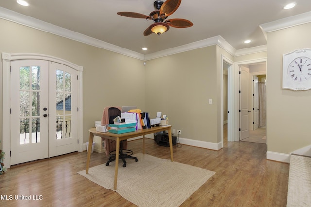 home office with french doors, light wood-style flooring, and baseboards