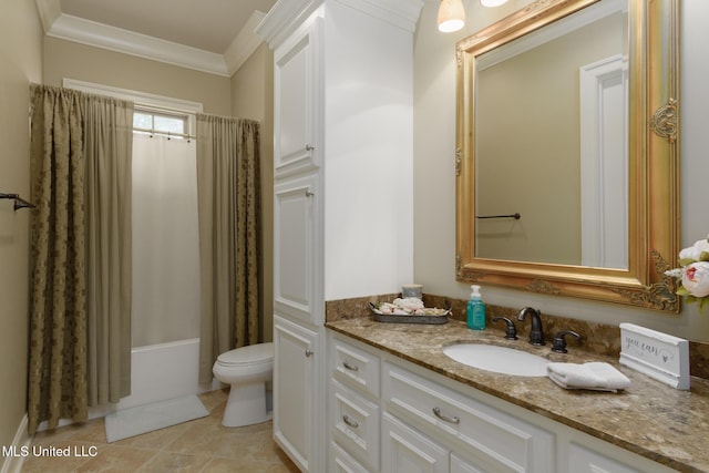 bathroom featuring toilet, ornamental molding, tile patterned flooring, shower / bath combination with curtain, and vanity