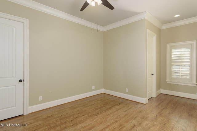 spare room with recessed lighting, a ceiling fan, baseboards, light wood-style floors, and ornamental molding