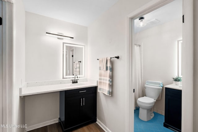 bathroom with vanity, toilet, wood-type flooring, and curtained shower