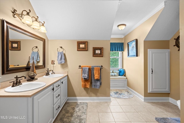 10 Lakeview Cir, Purvis, MS 39475 - bathroom with baseboards, double vanity, tile patterned flooring, and crown molding