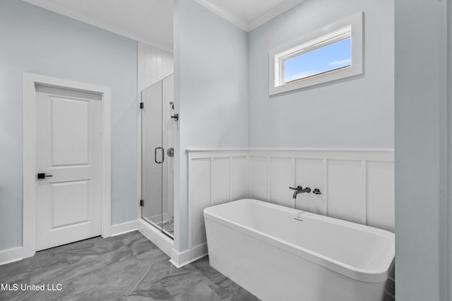 bathroom featuring crown molding and plus walk in shower