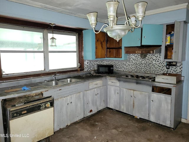 818 Cedar Grove Ave, Picayune, MS 39466 - kitchen with white dishwasher, exhaust hood, black microwave, crown molding, and a sink