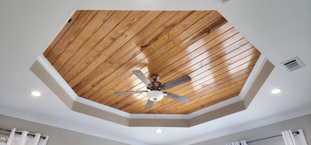 details featuring a tray ceiling, recessed lighting, visible vents, ceiling fan, and wooden ceiling