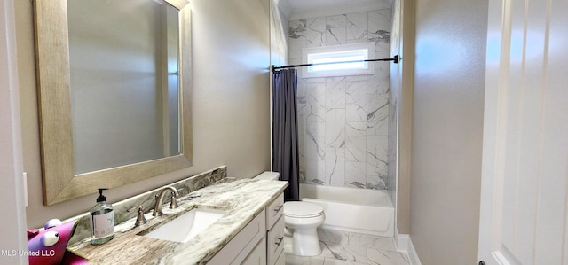 full bathroom with toilet, vanity, baseboards, marble finish floor, and shower / tub combo with curtain