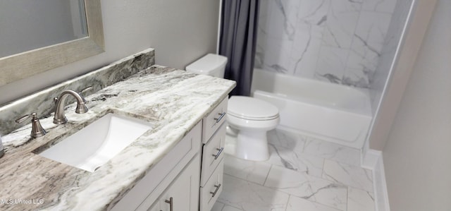 bathroom with toilet, marble finish floor, shower / tub combo with curtain, and vanity