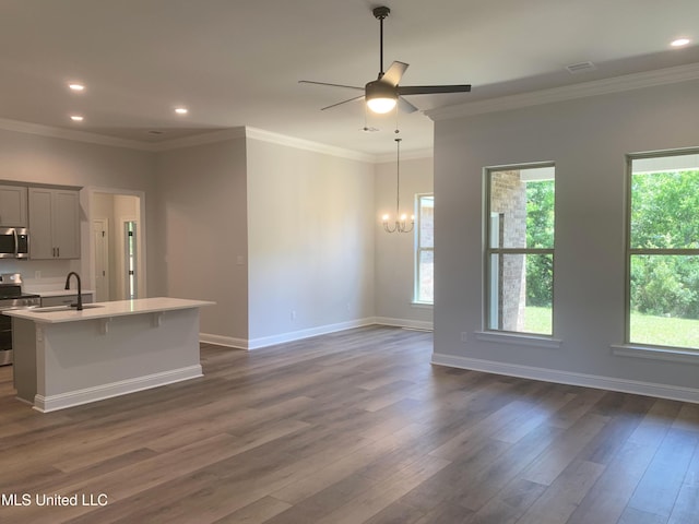 10229 Patrick Dr, Gulfport, MS 39503 - kitchen featuring ceiling fan with notable chandelier, a sink, stainless steel appliances, dark wood-type flooring, and light countertops
