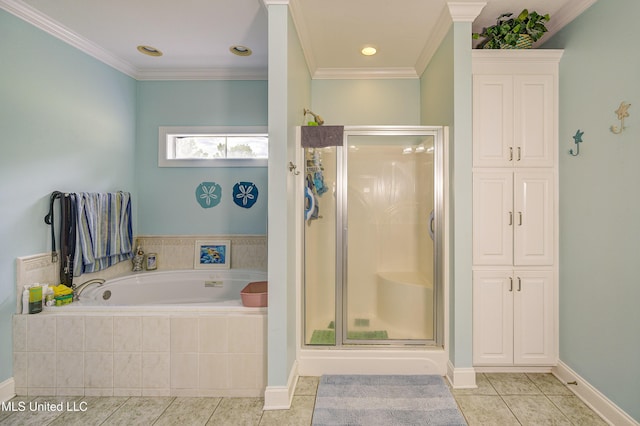 102 Grand Bear Cir, Vicksburg, MS 39183 - bathroom featuring a stall shower, tile patterned flooring, ornamental molding, and a garden tub
