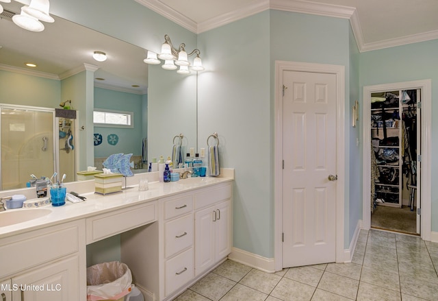 102 Grand Bear Cir, Vicksburg, MS 39183 - bathroom with a sink, ornamental molding, tile patterned flooring, a shower stall, and double vanity