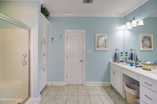 102 Grand Bear Cir, Vicksburg, MS 39183 - full bathroom with a stall shower, crown molding, vanity, and tile patterned flooring