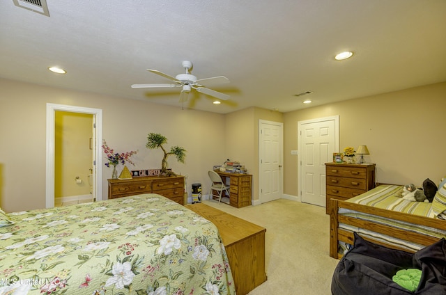 102 Grand Bear Cir, Vicksburg, MS 39183 - bedroom with light colored carpet, visible vents, a ceiling fan, and recessed lighting