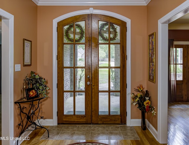 102 Grand Bear Cir, Vicksburg, MS 39183 - doorway featuring ornamental molding, baseboards, french doors, and wood finished floors