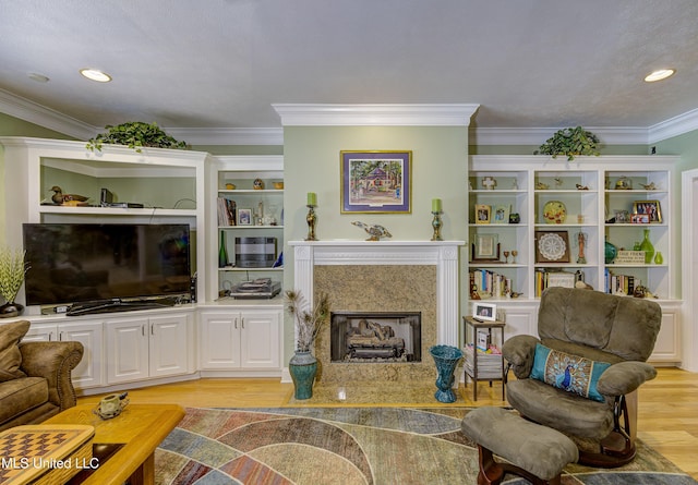 102 Grand Bear Cir, Vicksburg, MS 39183 - living room with light wood finished floors, crown molding, a fireplace, and recessed lighting