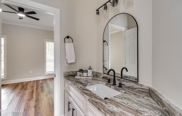 105 Lilac Ct, Madison, MS 39110 - bathroom with wood finished floors, vanity, ornamental molding, and ceiling fan