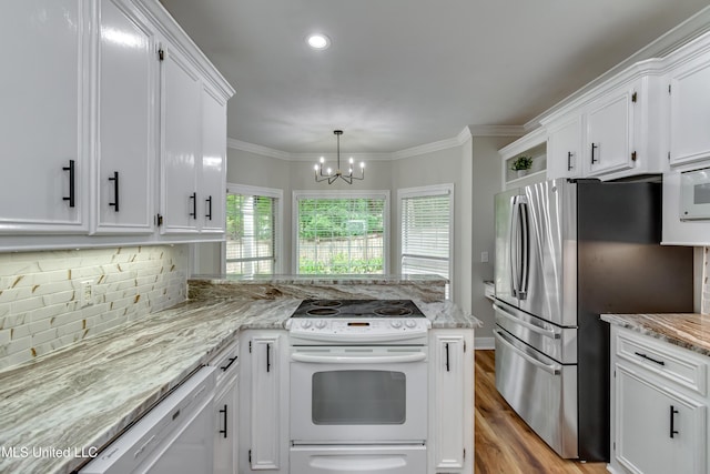 105 Lilac Ct, Madison, MS 39110 - kitchen featuring white appliances, white cabinetry, a peninsula, decorative backsplash, and ornamental molding