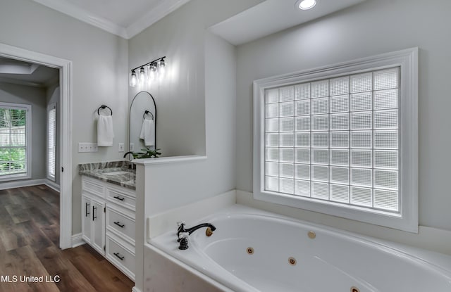 105 Lilac Ct, Madison, MS 39110 - full bathroom featuring vanity, a jetted tub, wood finished floors, and ornamental molding