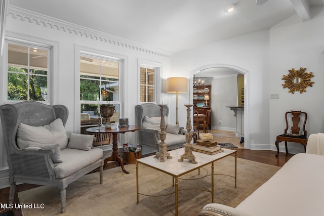 living room featuring vaulted ceiling with beams and wood-type flooring