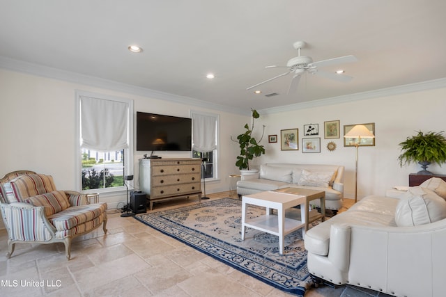 living room with crown molding and ceiling fan