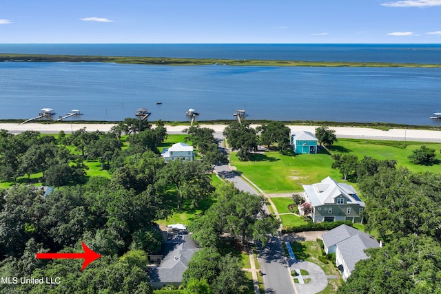 drone / aerial view featuring a water view