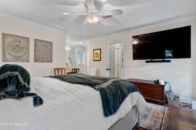 bedroom featuring ornamental molding, dark hardwood / wood-style floors, and ceiling fan