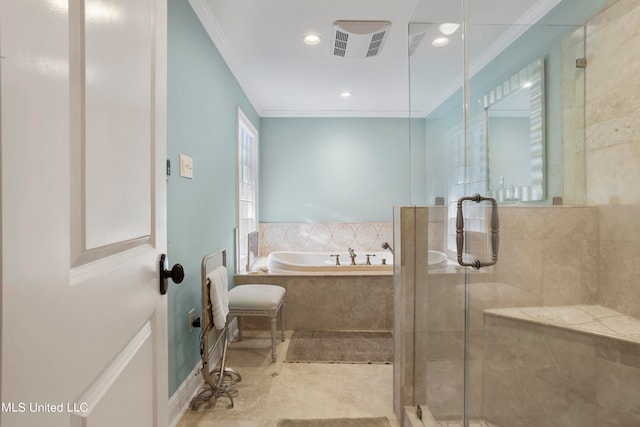 bathroom featuring ornamental molding and plus walk in shower