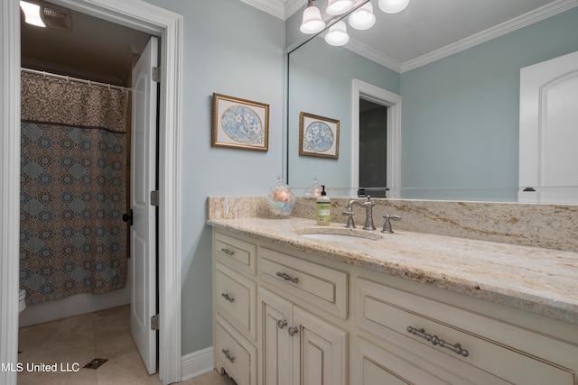 full bathroom with toilet, shower / bath combo with shower curtain, vanity, ornamental molding, and tile patterned flooring