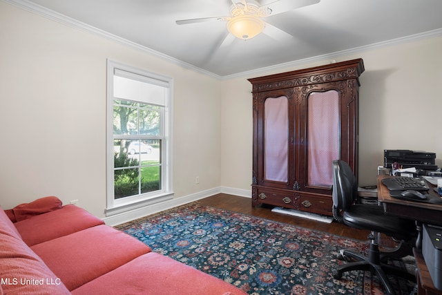 home office featuring ornamental molding, ceiling fan, and dark hardwood / wood-style floors