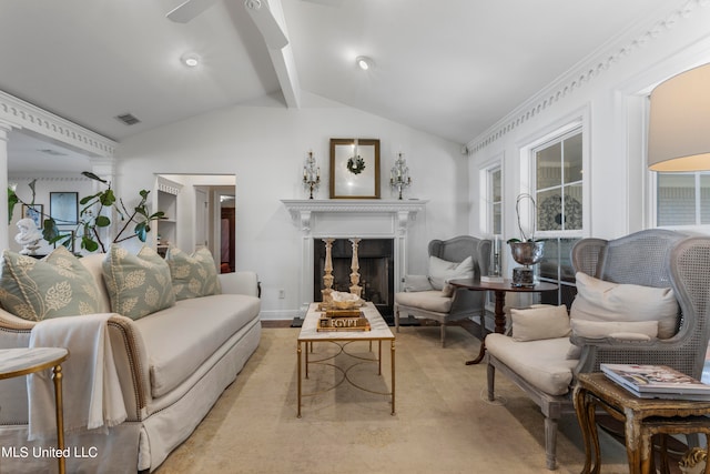 living room featuring lofted ceiling with beams