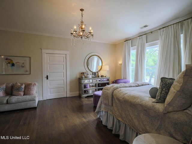 307 Grand Blvd, Greenwood, MS 38930 - bedroom with a notable chandelier, baseboards, dark wood-type flooring, visible vents, and ornamental molding