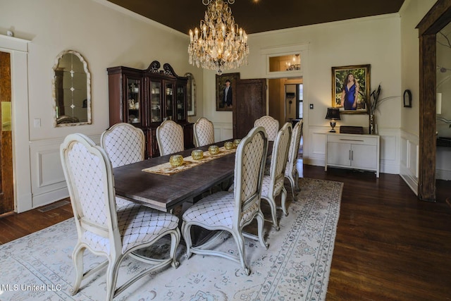 307 Grand Blvd, Greenwood, MS 38930 - dining room featuring ornamental molding, wainscoting, wood finished floors, and a notable chandelier