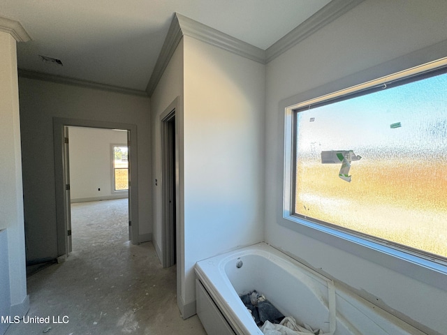 bathroom featuring ornamental molding and a bath