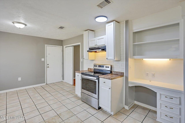 kitchen featuring under cabinet range hood, visible vents, stainless steel range with electric stovetop, and white cabinets