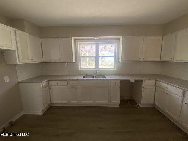 kitchen featuring white cabinets, tasteful backsplash, dark wood-style flooring, and a sink