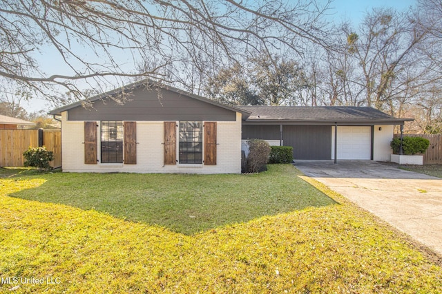 ranch-style home with a front lawn, fence, concrete driveway, a garage, and brick siding