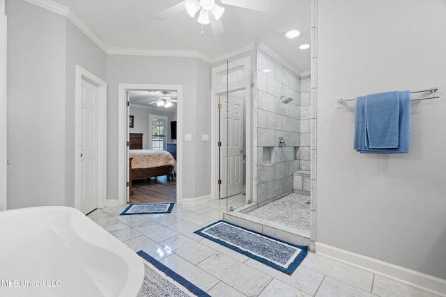 4424 Rebekah Dr, Olive Branch, MS 38654 - bathroom with a ceiling fan, a shower stall, baseboards, ornamental molding, and a freestanding tub
