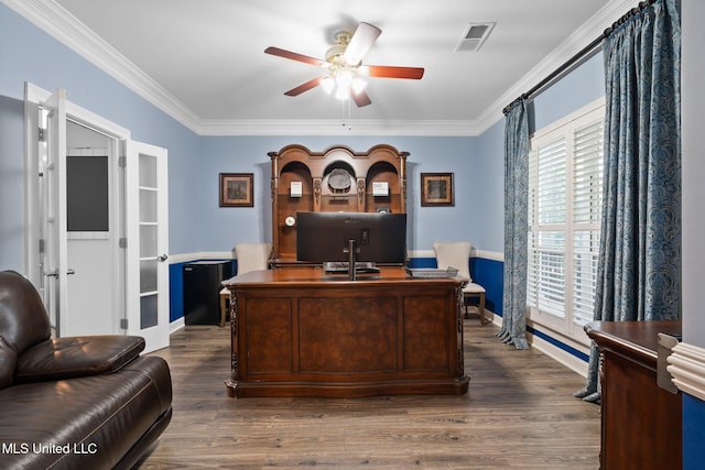 4424 Rebekah Dr, Olive Branch, MS 38654 - office featuring ceiling fan, ornamental molding, dark wood finished floors, french doors, and baseboards
