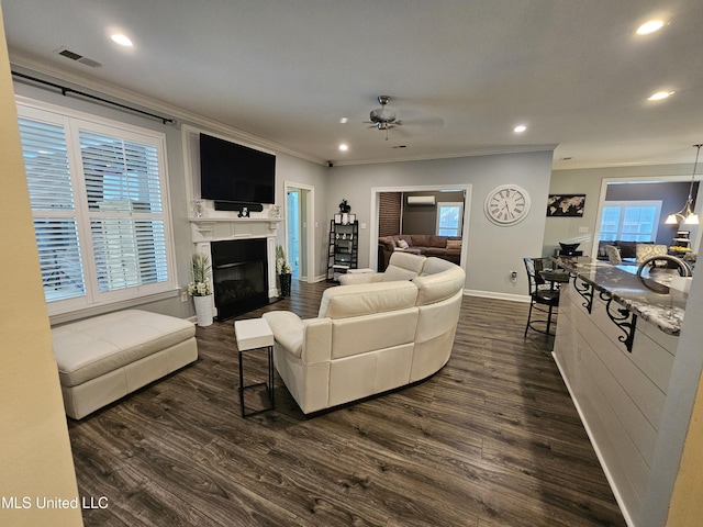 4424 Rebekah Dr, Olive Branch, MS 38654 - living area with ornamental molding, baseboards, recessed lighting, dark wood-style floors, and a glass covered fireplace