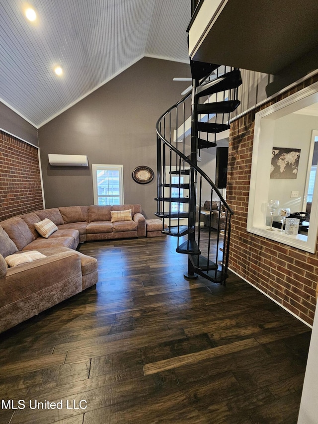 4424 Rebekah Dr, Olive Branch, MS 38654 - living area with brick wall, stairs, wood finished floors, high vaulted ceiling, and ornamental molding