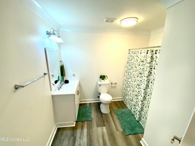 bathroom featuring toilet, vanity, and hardwood / wood-style flooring