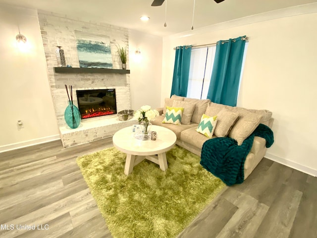 living room featuring a fireplace, hardwood / wood-style floors, and ceiling fan